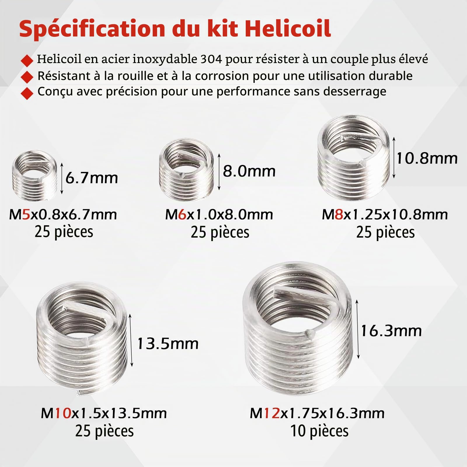 FreeTec 131pcs Kit Réparation Filetage, Kit Helicoil M5 M6 M8 M10 M12, Coffret Réparation Filetage Helicoil avec Forets HSS Tarauds et Inserts Hélicoïdaux pour Bloc-cylindres et Carter d'Huile (Rouge)