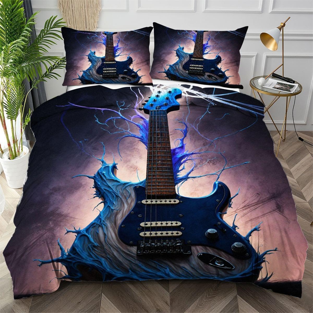 Housse de couette 220x240 guitare bleue avec 2 taies d'oreiller microfibre