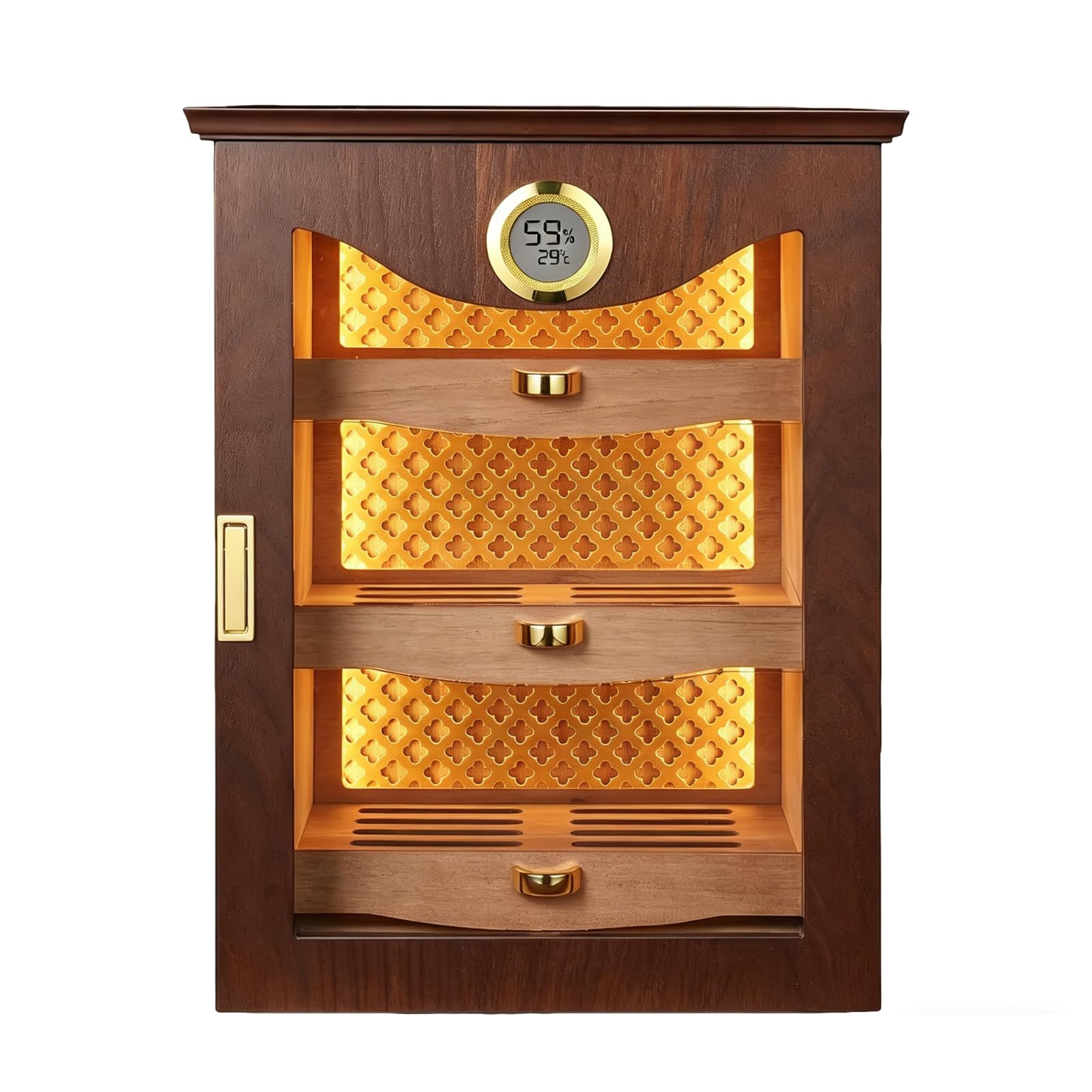 ZHENYUWANG Cedar Wood Humidor With Humidifier And Digital Hygrometer, 3 Large-Capacity Drawers, Holds 130 Cigars Walnutcolor