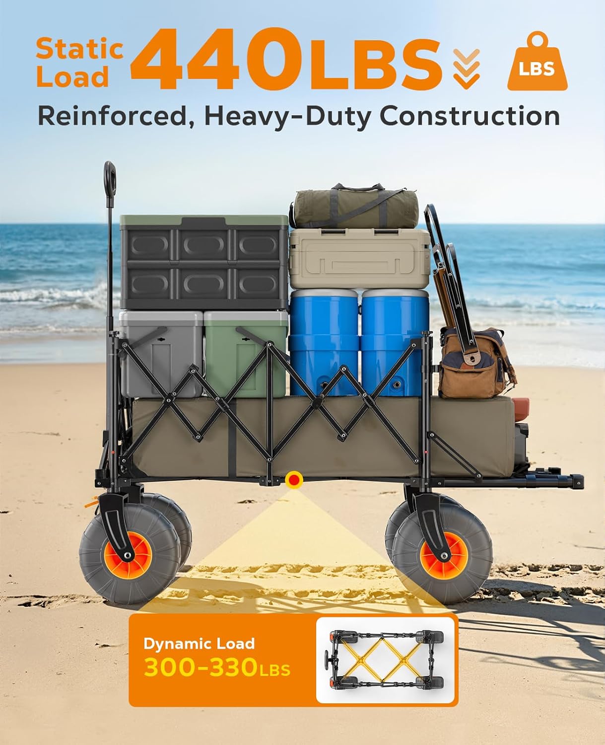 Beach Wagon with Big Wheels for Sand, 440lbs Wagons Carts Foldable with 9x4 All-Terrain Wheels, Rear Tailgate, 200L Capacity, Heavy Duty Collapsible Beach Cart for Garden Sports Camping Outdoor