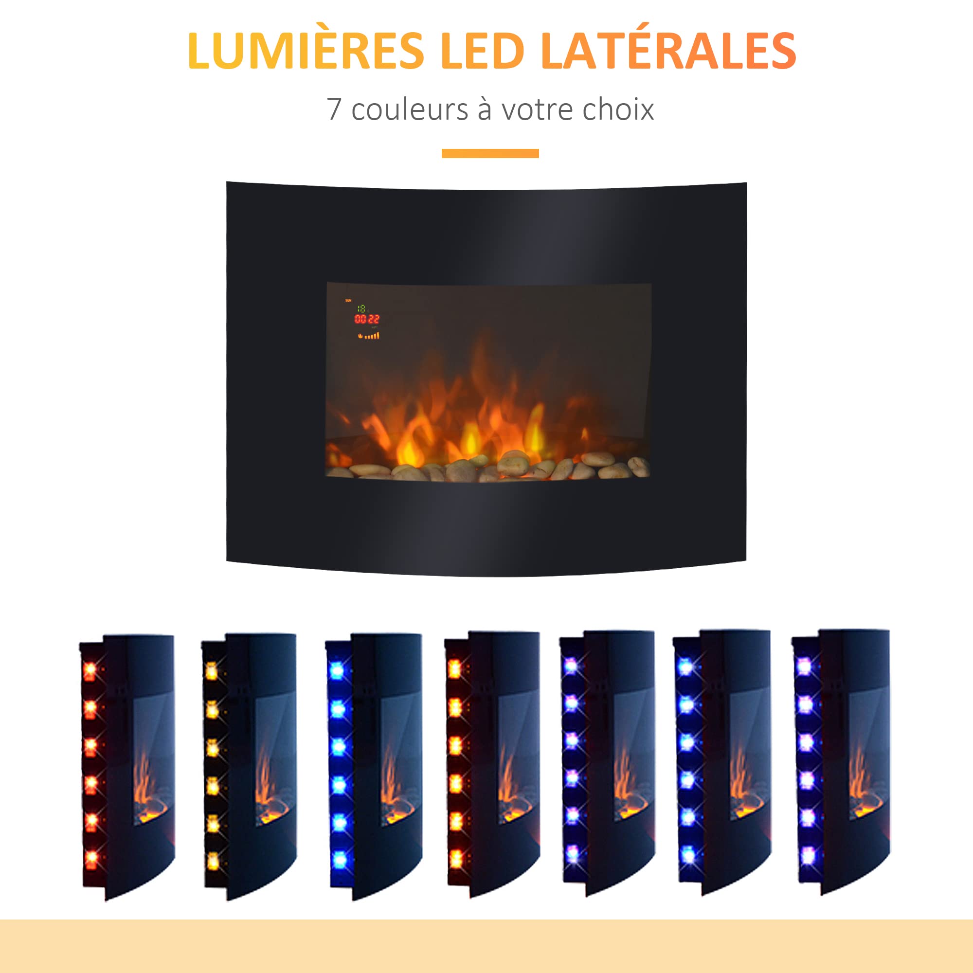 HOMCOM Cheminée électrique Murale éclairages latéraux LED Design Avant-gardiste Affichage LED avec télécommande et minuterie 900/1800 W luminosité réglable Noir