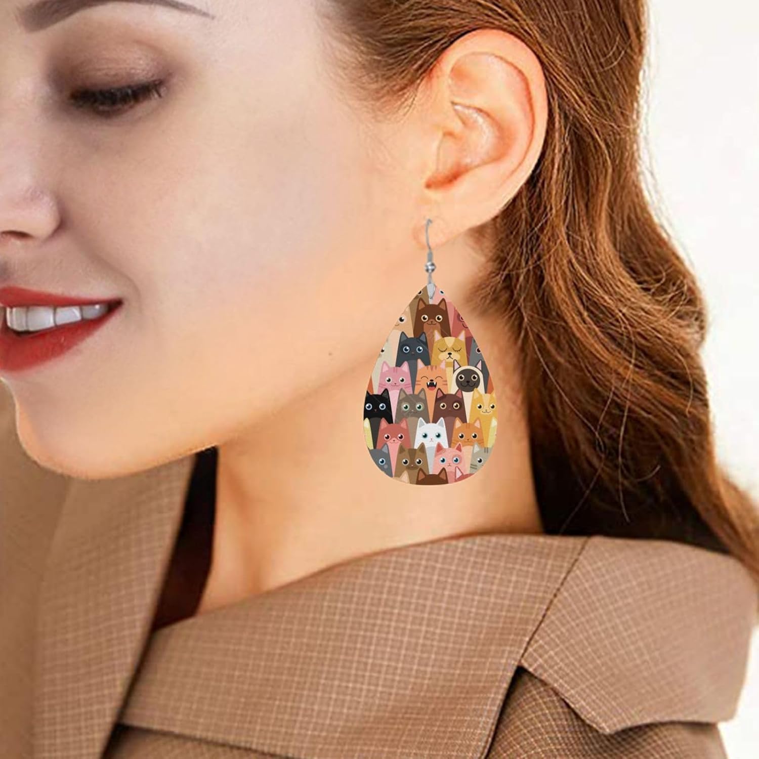Cat Animal Cute Teardrop Earrings For Women, Dangle Earrings Jewelry For Women, Lightweight Faux Leather Earrings Gifts - Image 5