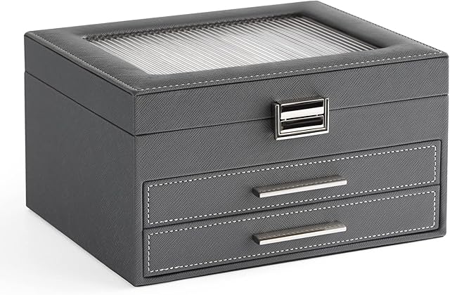 Meerveil Jewelry Box, 3-Tier Small Jewellery Oganiser, Changhong Glass, Jewelry Storage Box for Necklaces, Earrings, Bracelet Organizer, Gift for Girls and Women, PU Leather, Grey