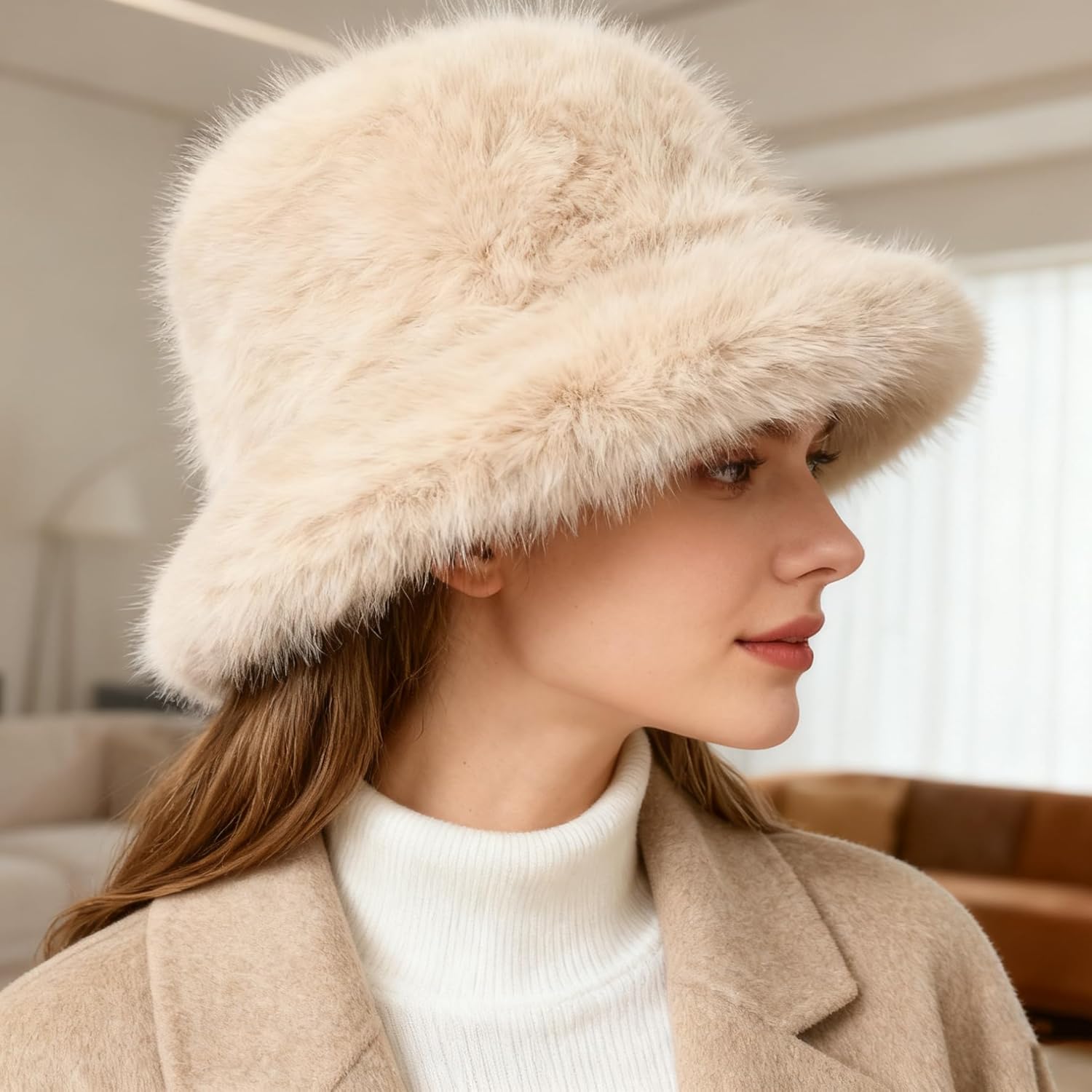 Faux Fur Bucket Hat for Women Fuzzy Wide Brim Winter Warmer Fisherman Cap - Image 2