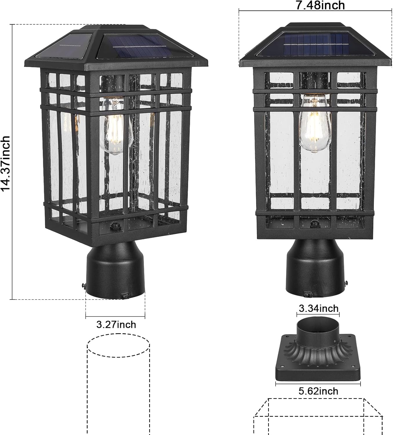 Solar Post Lights, Outdoor Post Lights Solar Powered, Waterproof Anti-Rust Black Post Lights with Seeded Glass, LED Solar Powered Lamp for Front Door, Porch, Garage, and Patio （Bulb Included）SR018-P