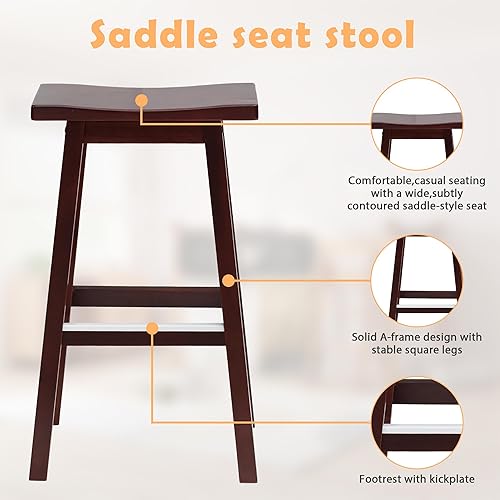 Miniatura 4 de Juego de 2 taburetes de bar de madera maciza con placas de pie de metal, 30 pulgadas de altura, modernos taburetes de mostrador sin espalda para