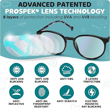 SHARP Blue Light Reading Glasses for Kids, Boys & Girls Ages 5-12 | +1.50 magnification | Light tint, near-clear | Anti-glare, anti-reflective | Lightweight flex frame | For school & tablets