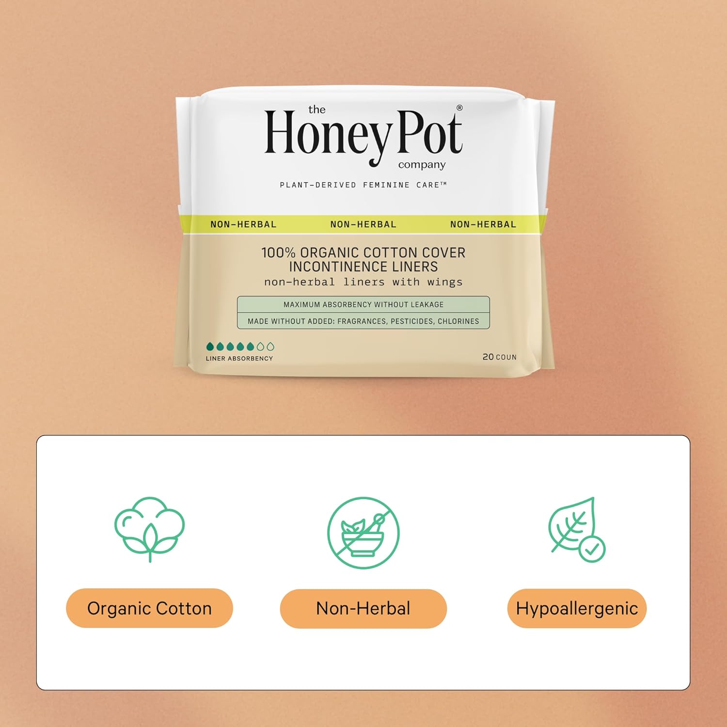The Honey Pot Company - Incontinence Pads for Women - 80ct - Non-Herbal Panty Liners - Bladder Leak Control - Organic Cotton Cover & Ultra-Absorbent Pulp Core - Feminine Care