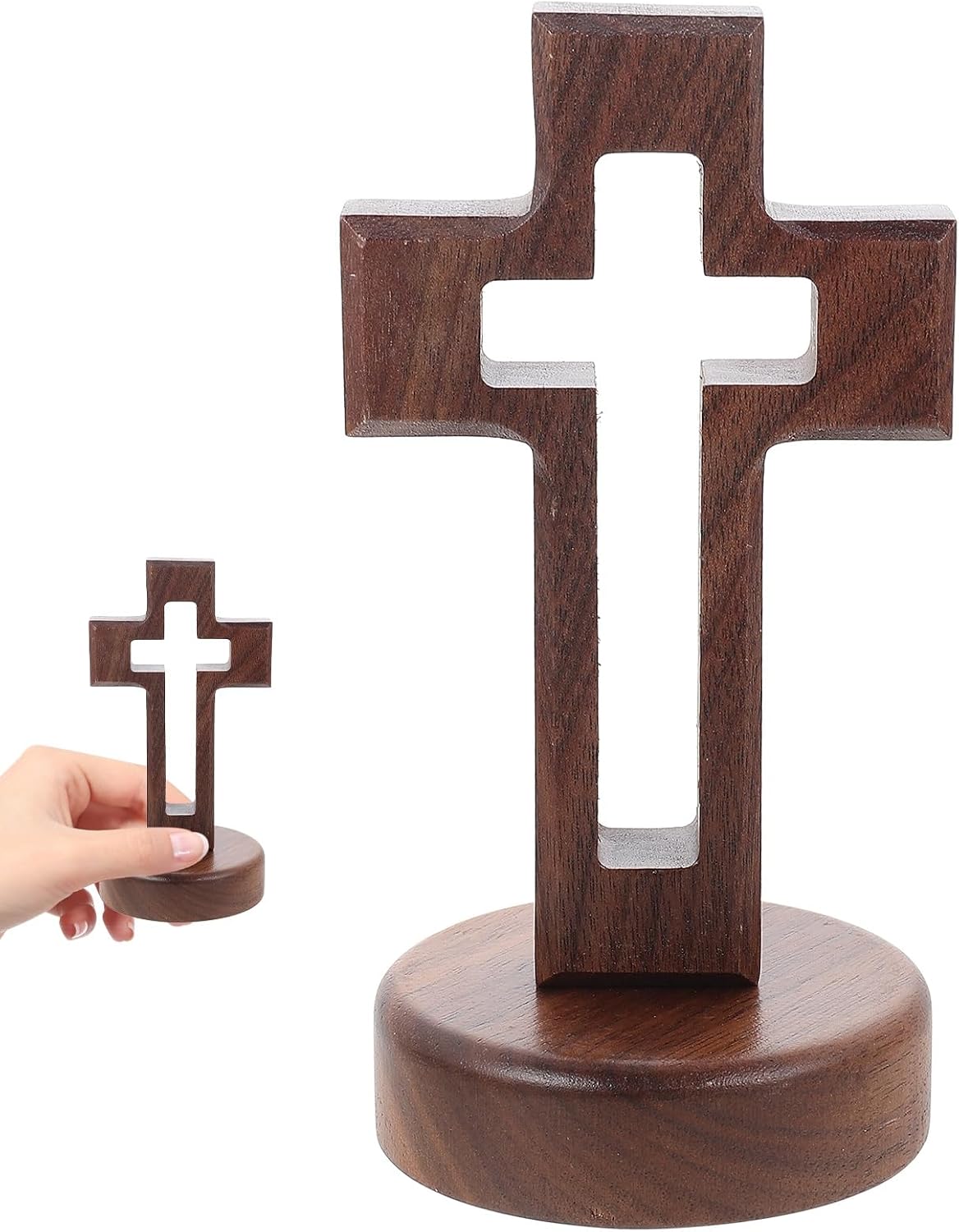 Walnut Wood Cross Decor Handmade Jesus Cross with Magnets Base Table Standing Crucifixes Crucifix with Stand Hollow Ornaments Table Altar Christian Religious Home Church Faith Collection (Brown)