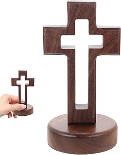 Walnut Wood Cross Decor Handmade Jesus Cross with Magnets Base Table Standing Crucifixes Crucifix with Stand Hollow Ornaments Table Altar Christian Religious Home Church Faith Collection (Brown)