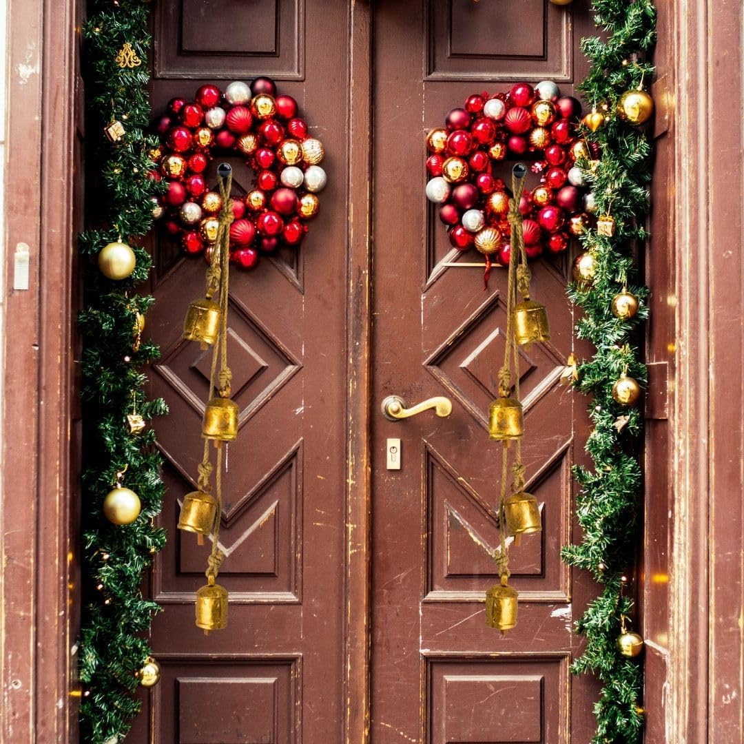 Rustic Metal Christmas Bells on Jute Rope – Vintage Wall & Door Hanging Bells for Home, Temple, Garden & Holiday Décor – Handmade Golden Bell Cluster (4 Bells)​