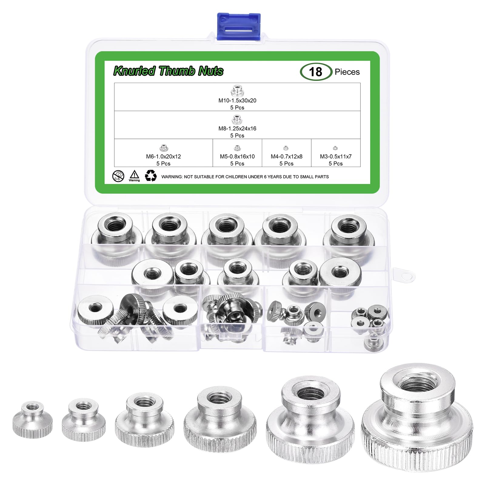 QUARKZMAN 30 Stück Rändelmuttern Rändelräder M3 M4 M5 M6 M8 M10 Runde Griffschrauben Mit Vernickelten Einstellbaren Rändelmutter Befestigungselementen Für 3D-Drucker Teile Silber