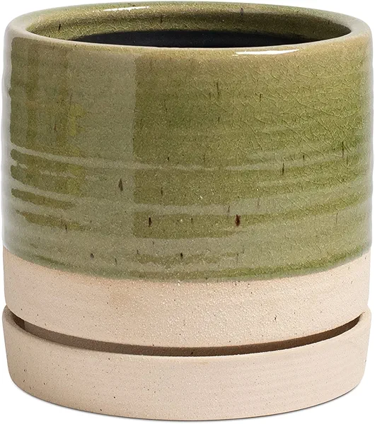 HERDUK 6 Inch Plant Pots, Ceramic Planter Pot with Drainage Hole & Saucer, Indoor/Outdoor Cylinder Round Planter Pot, Green & Beige