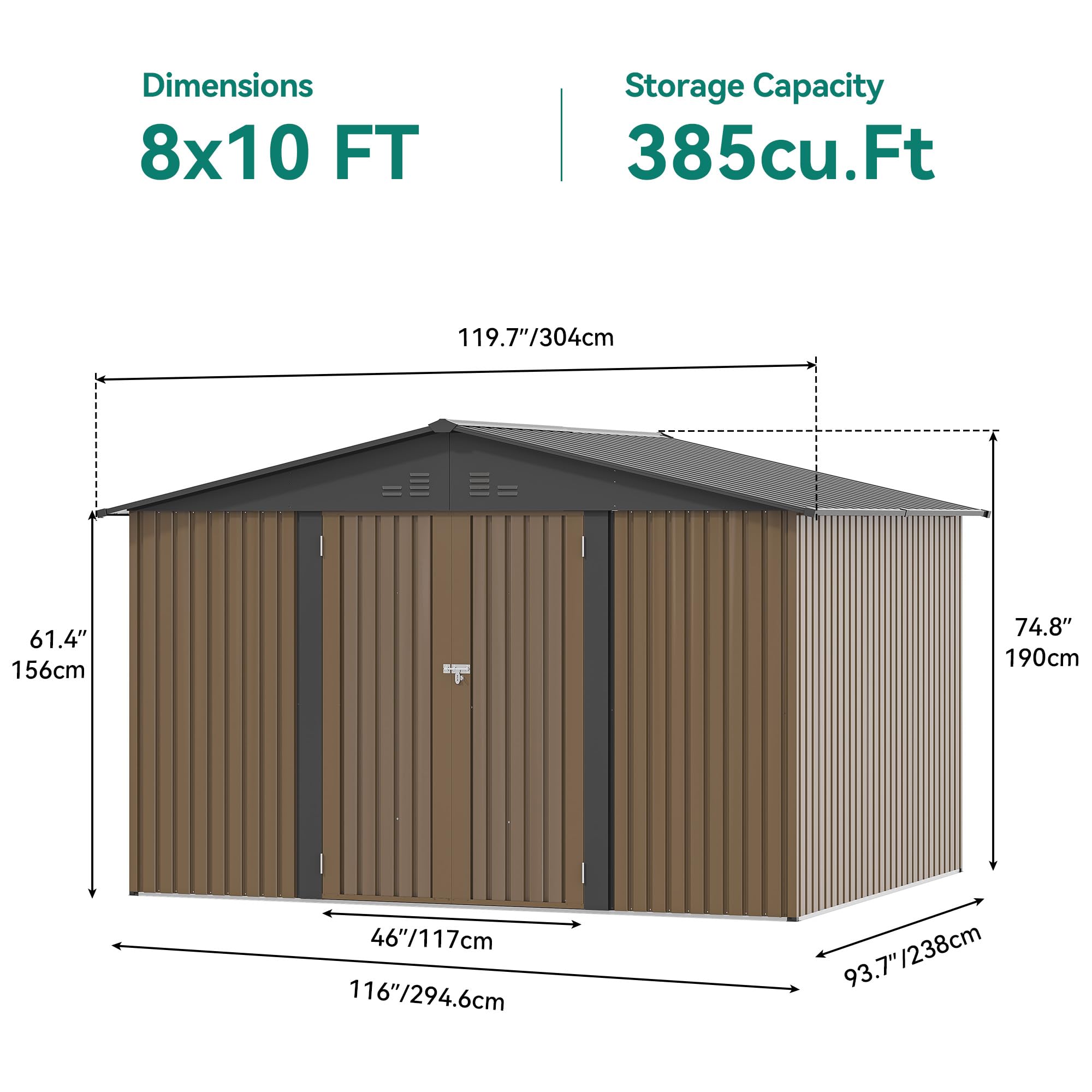 YITAHOME Stahl Gartengerätehaus 10x8FT Robustes Metall Gartenhaus, Wasserdichtes Gerätehaus & Fahrradschuppen mit Doppeltüren & 4 Lüftungen zur Aufbewahrung, 279x224.5x193.5cm,Braun-Schwarz