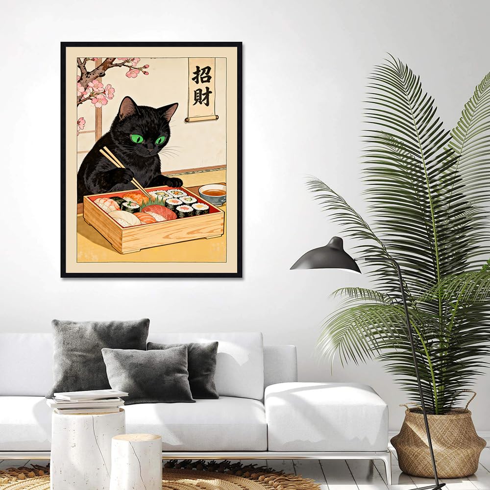 Japoński Ukiyo-e czarny kot płótno sztuka ścienna, uroczy kot jedzący ramen sushi nadruk, vintage azjatycki plakat z jedzeniem, dekoracja kuchni (SKU 30 x 45 cm), czarna ramka na zdjęcia)