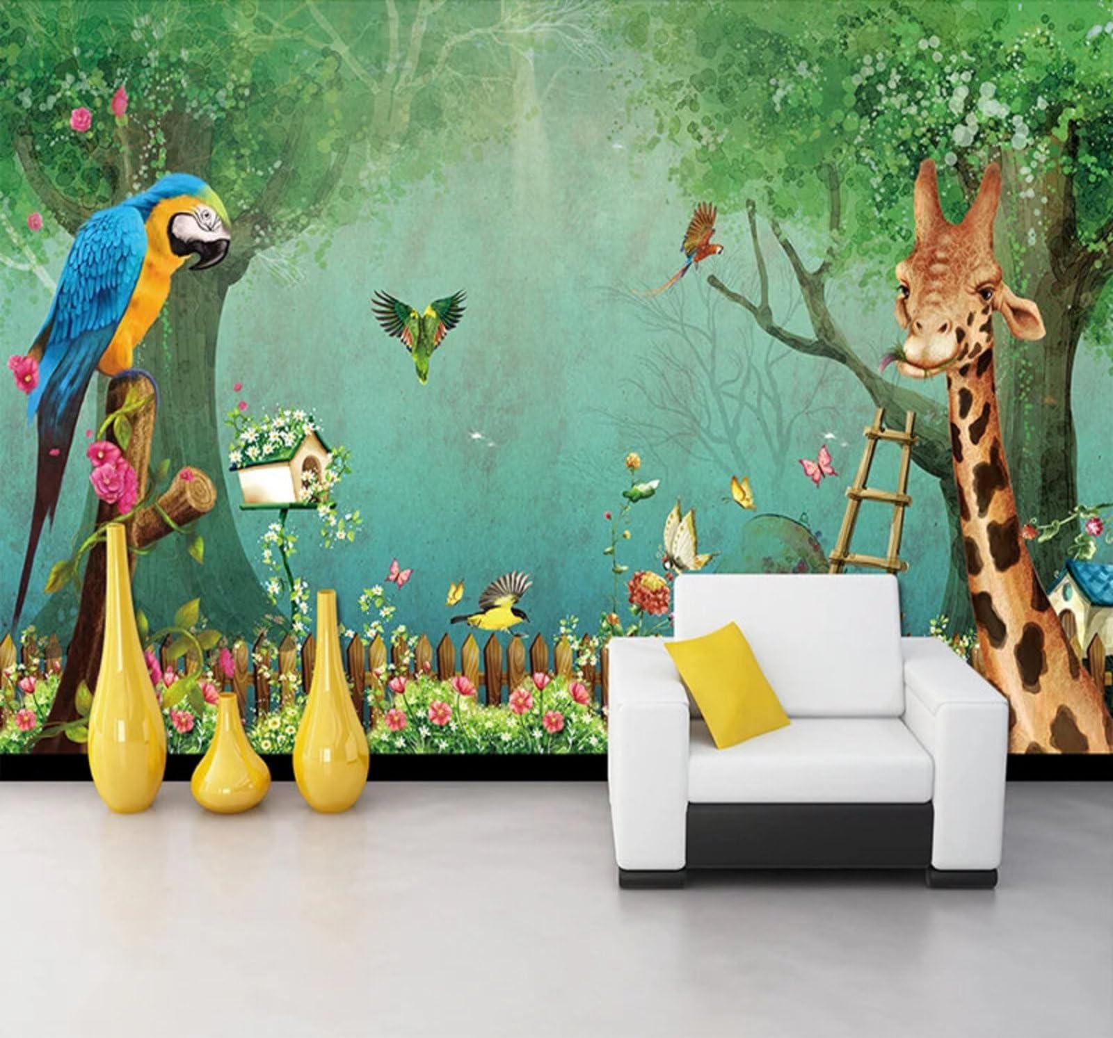 Fresh Forest Flowers and Birds Giraffe Scenery 3D Wallpaper Easy Install Feature Office Living Room Sofa Bedroom TV Background Wall Decoration-250cm×170cm