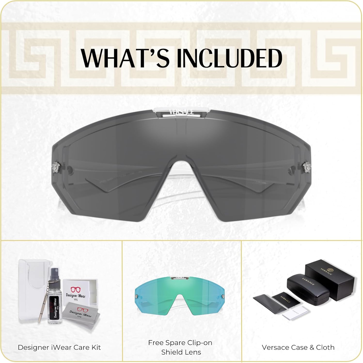 Versace VE4461 Shield Sunglasses for Men for Women +FREE SPARE Clip on Shield Lens +BUNDLE with ACCESSORY EYEWEAR KIT - Image 2