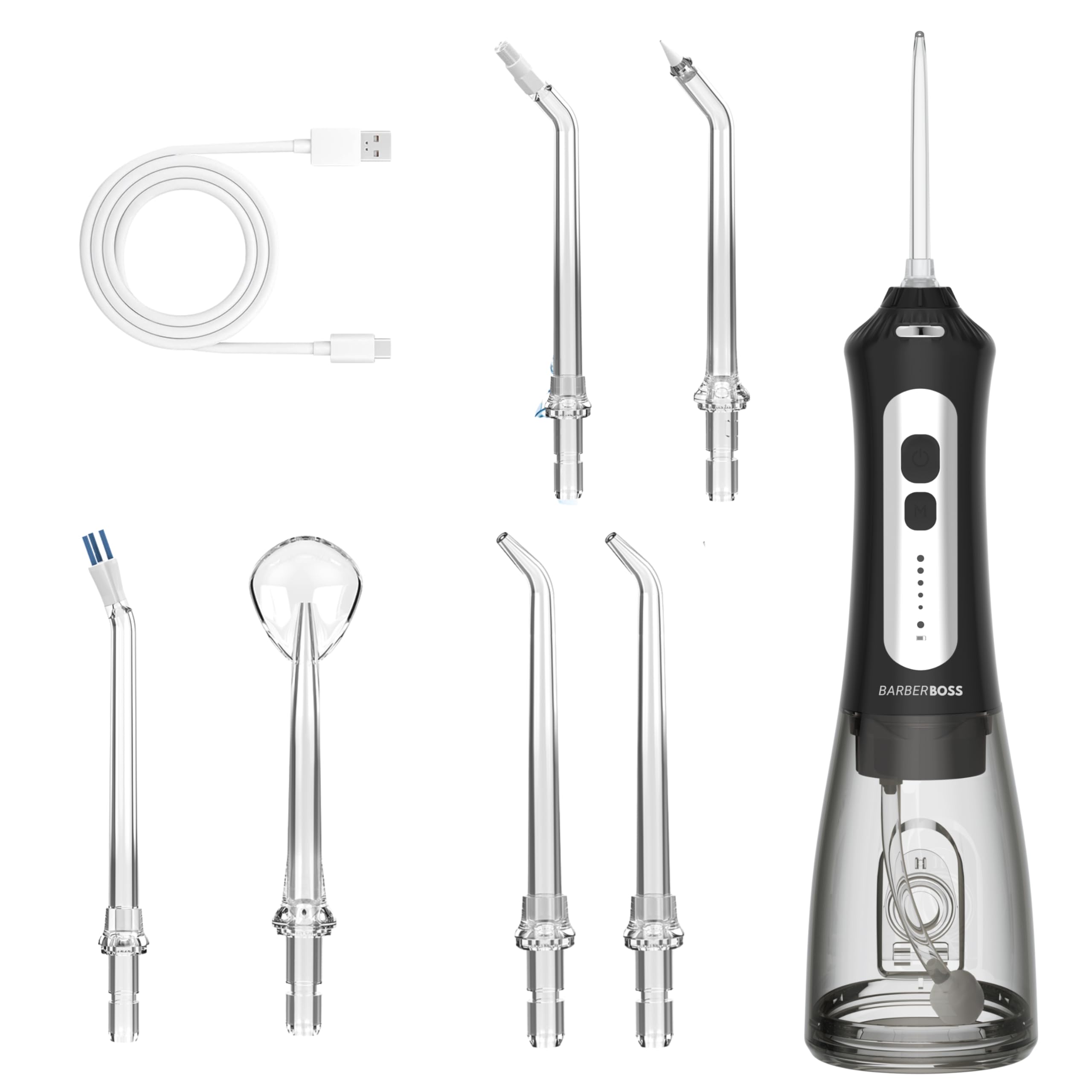 BarberBoss Kabellose Wasserflosser für Reisen & Zuhause, 5 Druckmodi, 6 Strahlspitzen, 300ml Tank, USB Wiederaufladbare Munddusche, IPX7 Wasserdicht, Zahnreiniger für Zahnspange & Zahnfleischpflege
