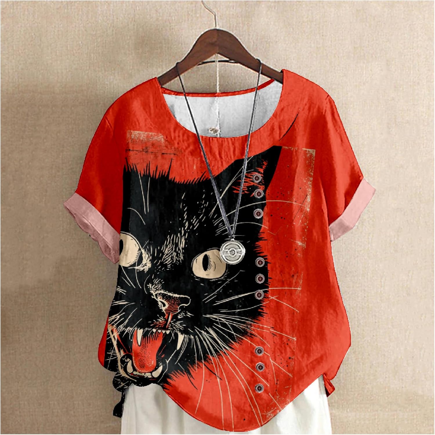 Cotton Linen Tops for Women Cute Cat Print Short Sleeve Crew Neck Summer Casual Boho Dressy Linen Blouses - Image 2