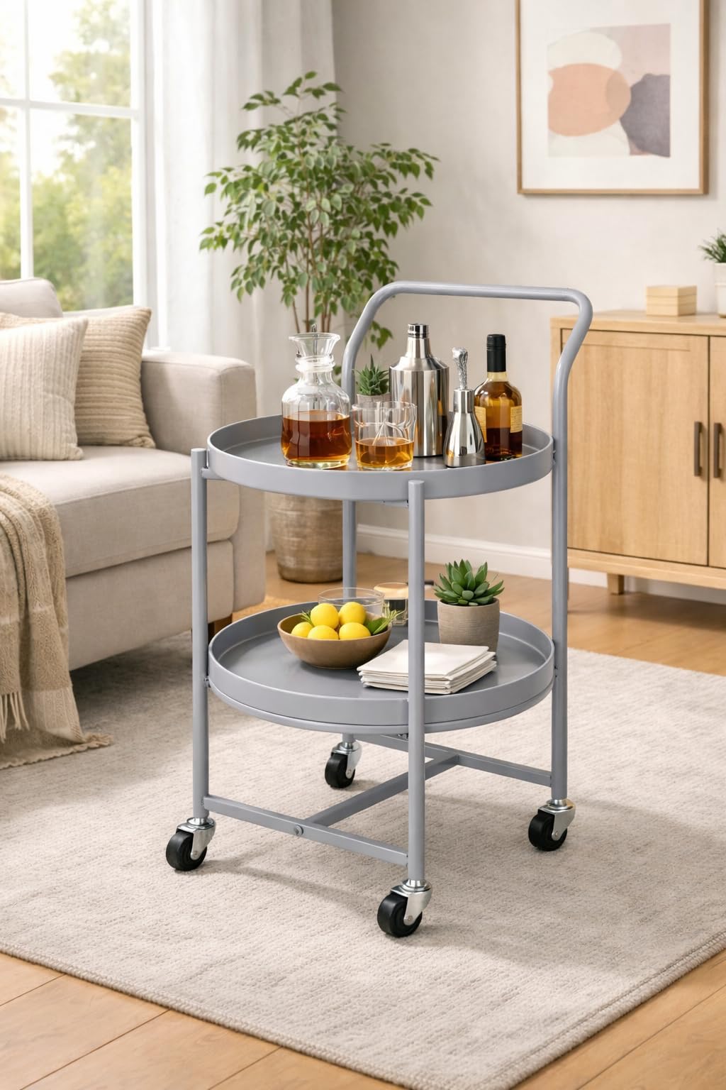 OGFC 57235 Home Bar Cart Drinks Food Serving Trolleys Sideboard 2 Tier Hairdressing Trolley On Wheels Bar Cart for Home, Living - Size:63 x 40 x 40cm (Color : Grey)
