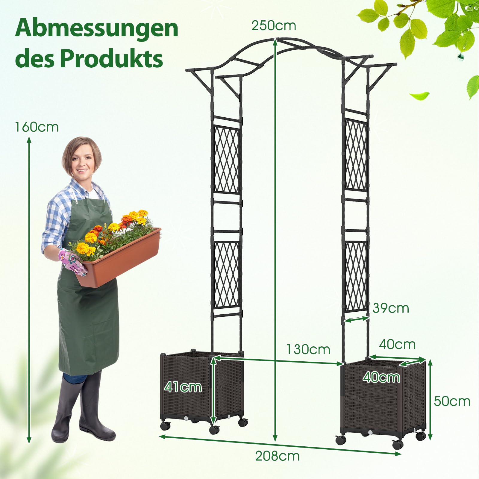 COSTWAY 2 in 1 Rosenbogen mit Blumenkasten, 250 cm, Gartenbogen aus Metall und PP, Spalier mit 2 Pflanzkästen auf Rollen & Drainagelöchern, Rankbogen Torbogen für Kletterpflanzen, Outdoor (Schwarz)