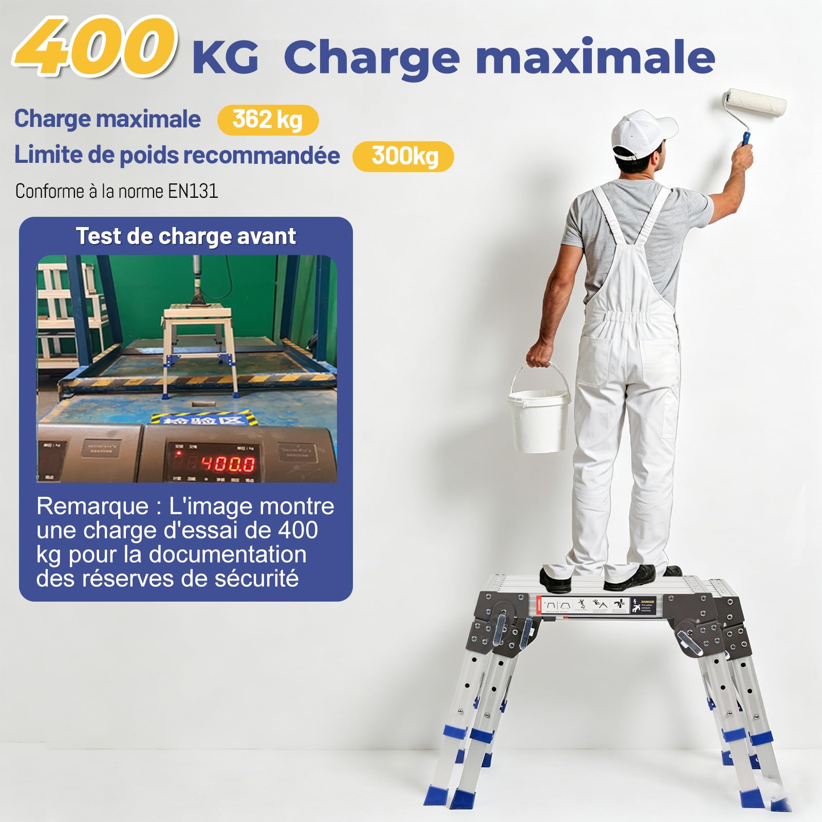 Plateforme de Travail Réglable en Aluminium, Repose-Pieds Réglable en Hauteur à 3 Positions (32-42 cm), Escabeau pour Maison, Bureau et Garage, Échelle à Marches avec Verrous de Sécurité