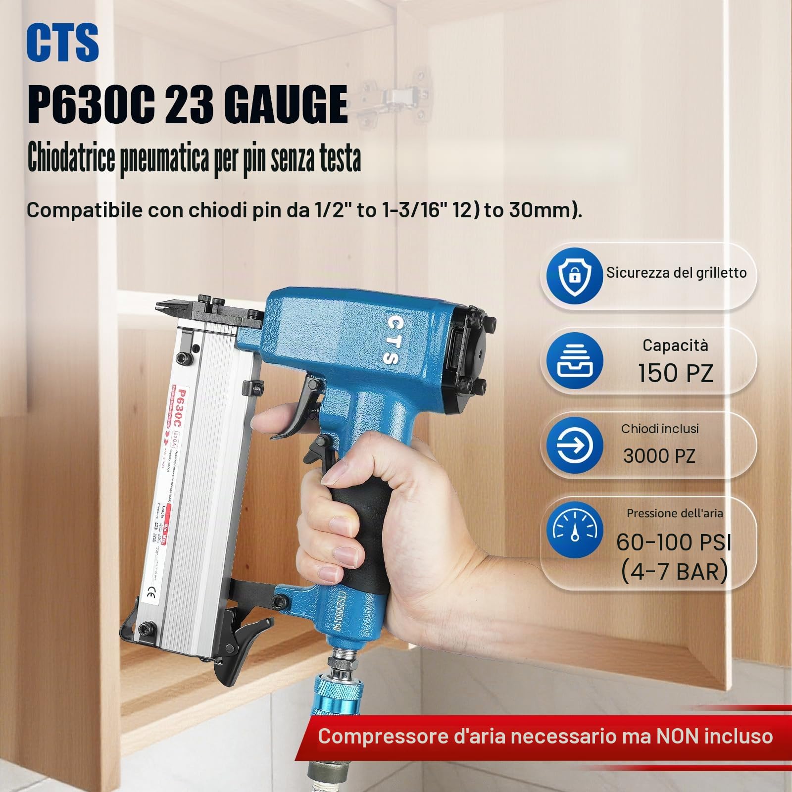 P630C - Chiodatrice pneumatica con pin da 23 gauge, 3000 chiodi inclusi, pistola con pin senza testa e grilletto di sicurezza, adatta per chiodi da 12 a 30 mm, micro pin per armadi