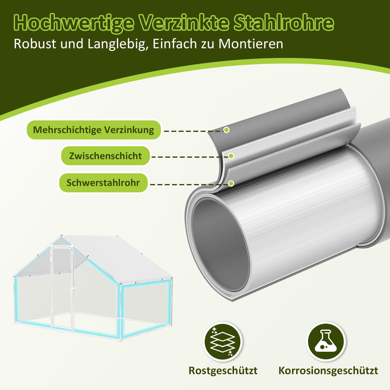 Poulailler pour chats et poules - Parc extérieur - 3 x 3 x 2 m - En acier galvanisé - Toit ombragé revêtu de PVC pour volaille, lapins, chiens