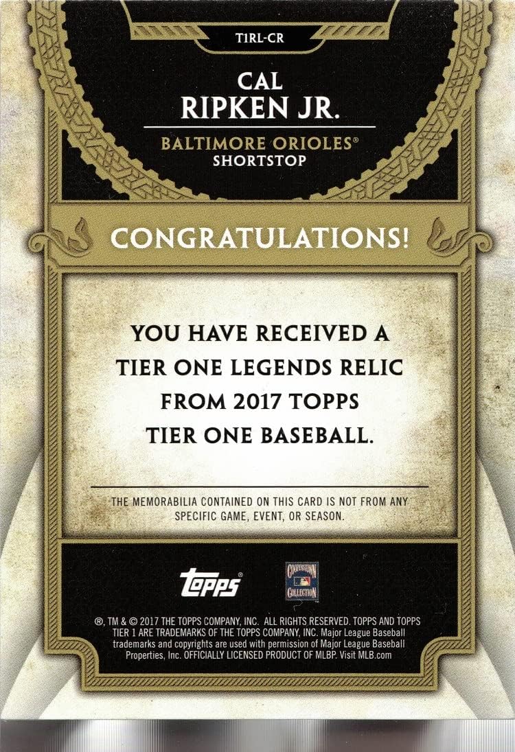 2017 Topps Tier One Relics Legends #T1RL-CR Cal Ripken Jr. Game Used Bat Baseball Card - Only 200 made