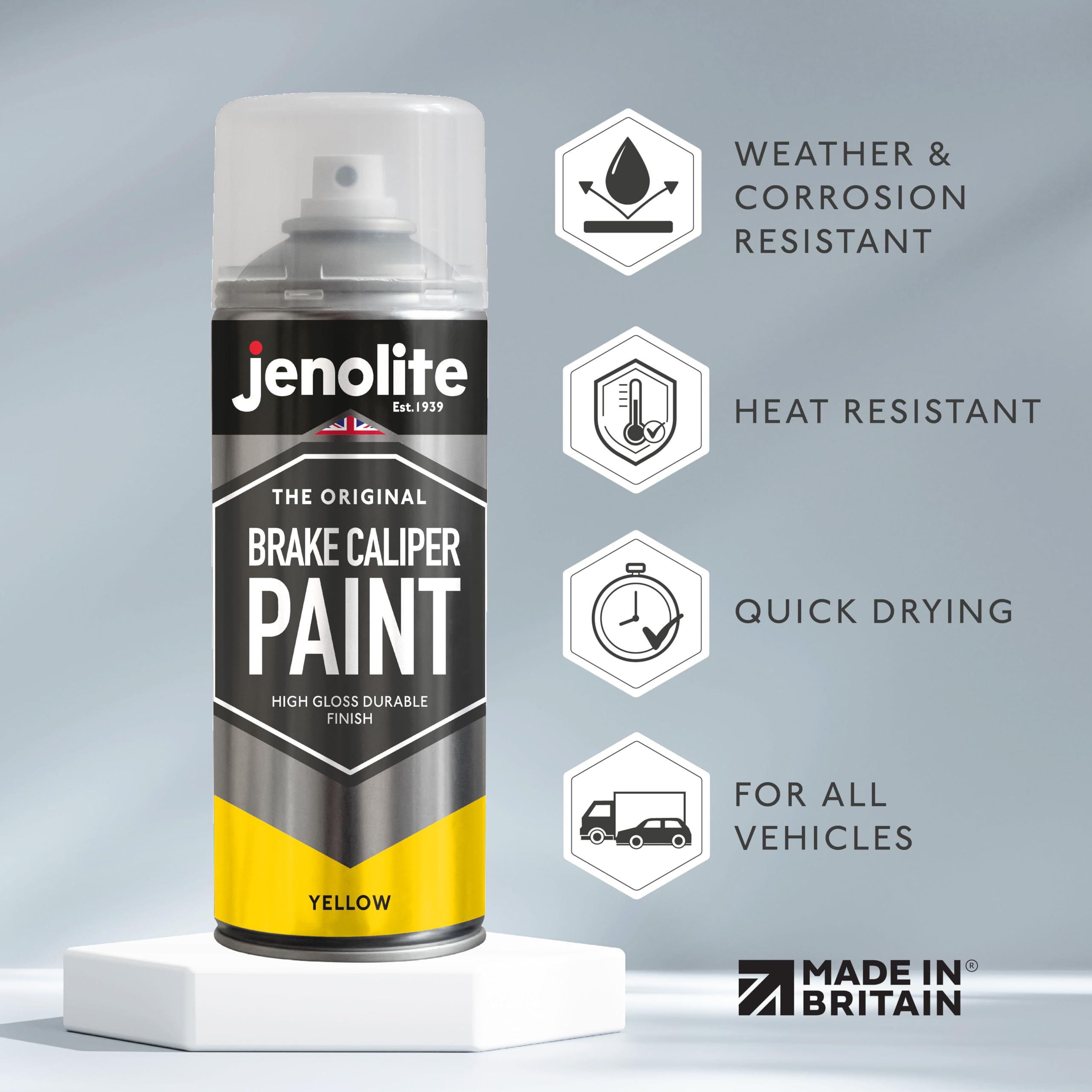 JENOLITE- Bremssattellack Gelb. Bremssattelfarbe. Hitzefester Thermolack für Bremsklötze am Auto bis 300°C. Inhalt: 3x 400ml