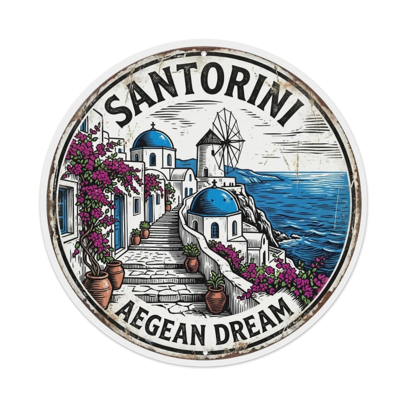 Vintage Travel Santorini Whitewashed Greece Metal Tin Sign