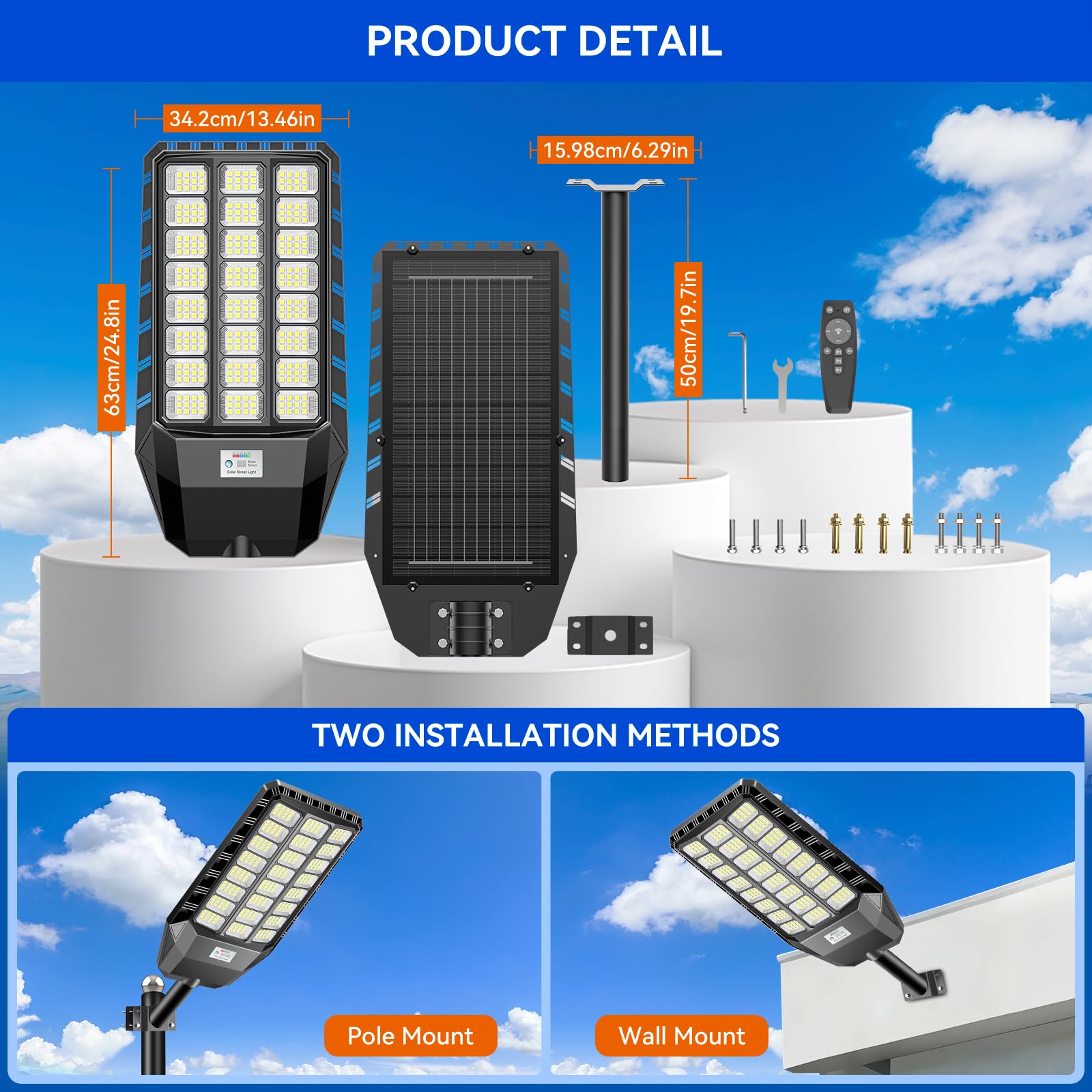 Lampione solare da 2000 W con telecomando, faretto solare per esterni con sensore di movimento e IP66, 6500 K, luce solare a LED per cortile, terrazzo, giardino