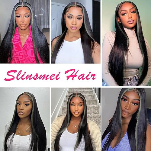 Miniatura 5 de Peluca sintética de encaje frontal, cabello lacio, sin pegamento, peluca sintética larga natural, resistente al calor, pelucas verdes para mujeres