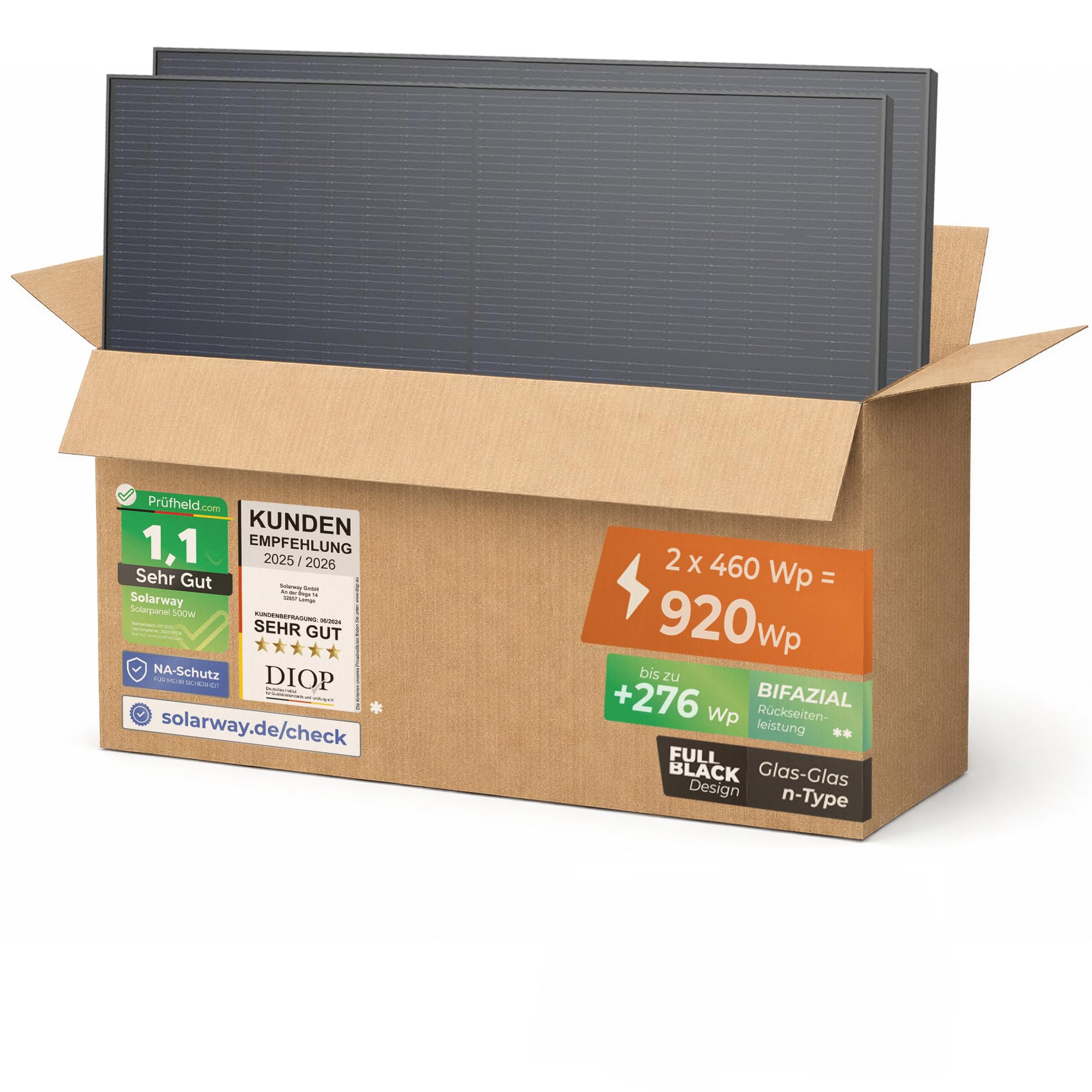 Solarway 460W Solarpanel Full Black Bifazial Glas/Glas PV Panel mit positiver Leistungstoleranz von 0-5 Watt, n-type, geeignet für Balkonkraftwerk