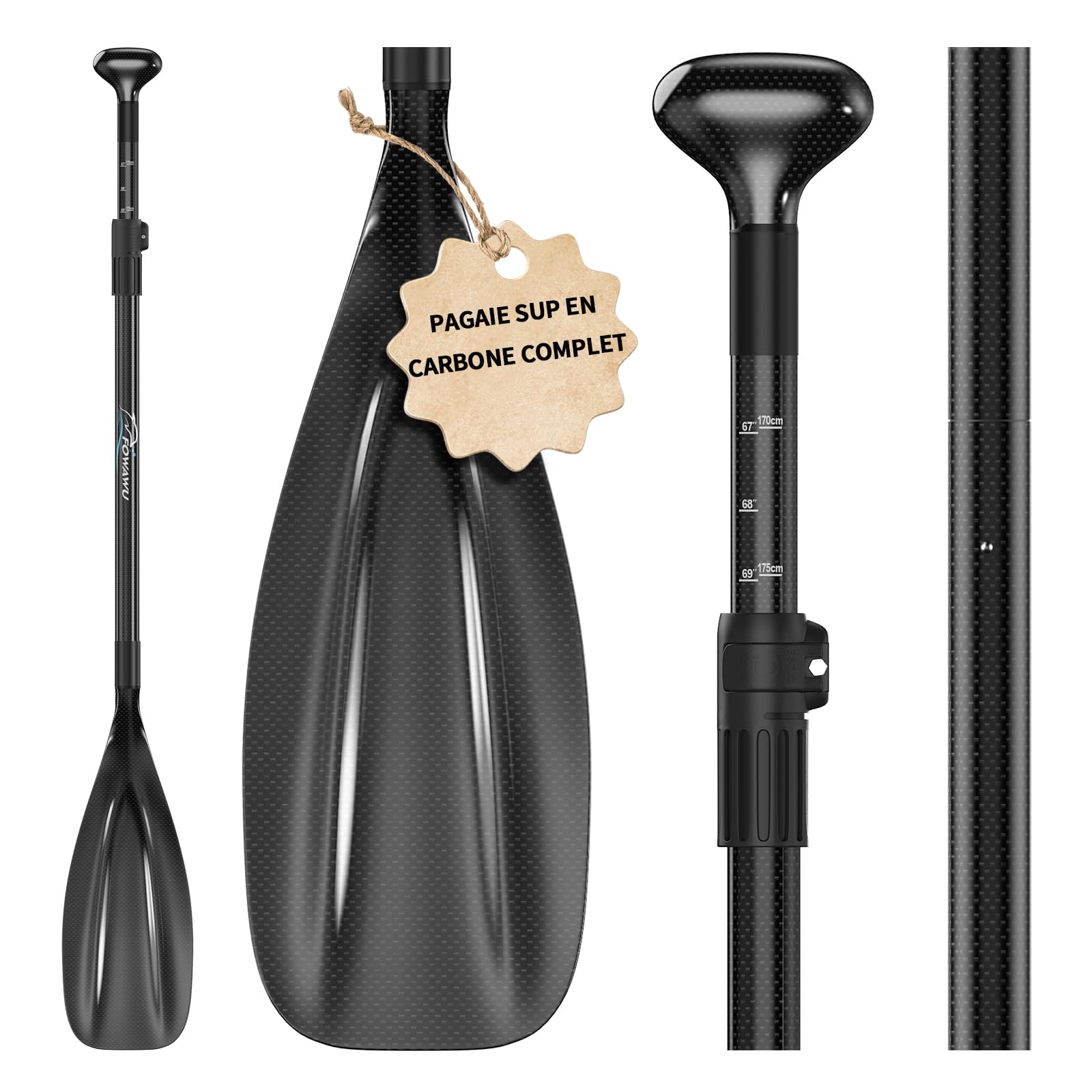 FOWAWU Semi-Carbone/Carbone Rame Pagaie, Pagaie 3 pièces pour Sup Planche à pagaie Debout - pour Planche Gonflable - Léger & Résistant (Taille 160–210 cm)