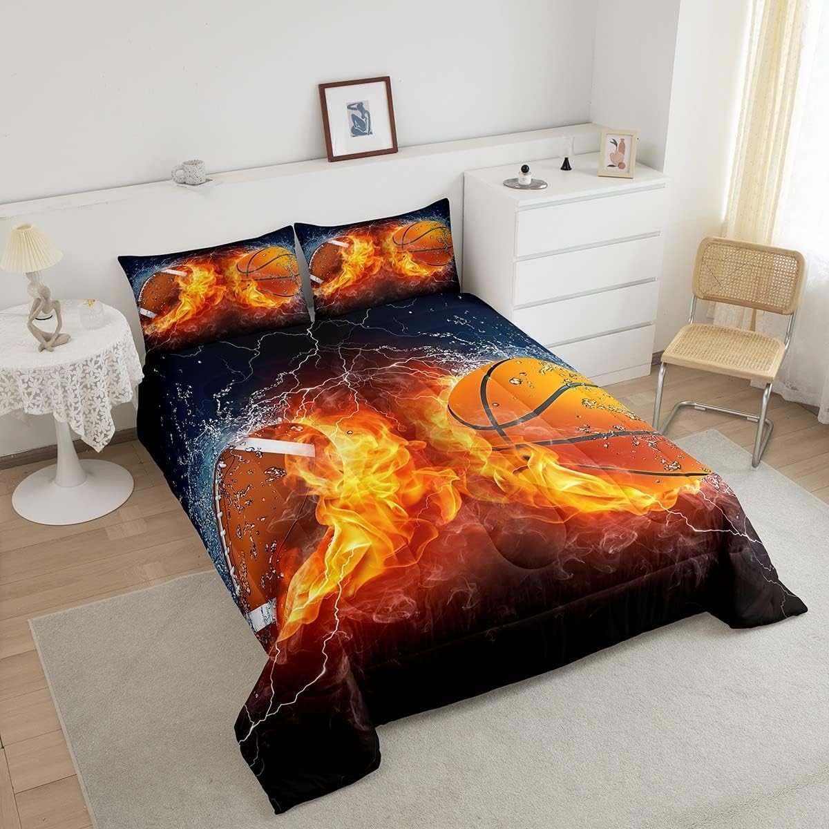 Erosebridal Football Bedding Sets for Boys Kids Basketball Comforter Set Queen Sports Quils Fire and Ice Duvet Set,Rugby Soccer Quilt Set Girls Teens Ball Game Duvet Insert Sport Theme Bedroom Decor