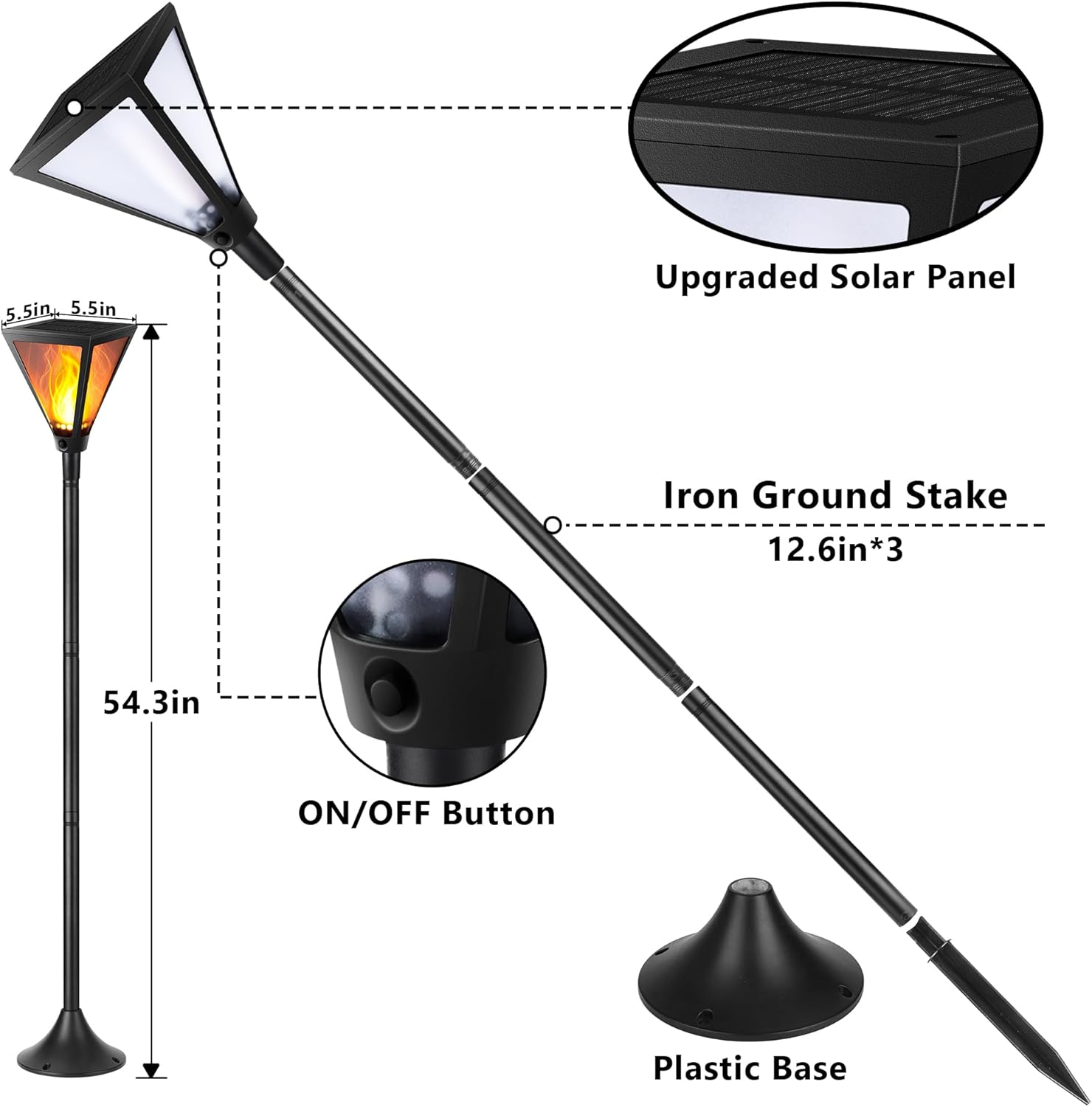 iBaycon 2 Pack 54" Solar Flame Post Lights, Flickering Flame Solar Lamp Post Lights Outdoor Waterproof for Yard Lawn Patio Decor