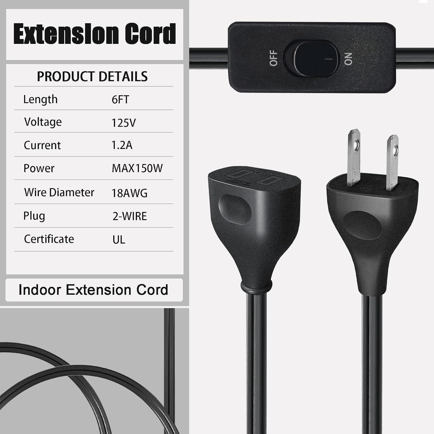 Black Extension Cord with Switch On/Off, 2 Prong Polarized Plug, 6FT Indoor Power Cord, Insulated & Flame Retardant 120V 150W, UL Listed