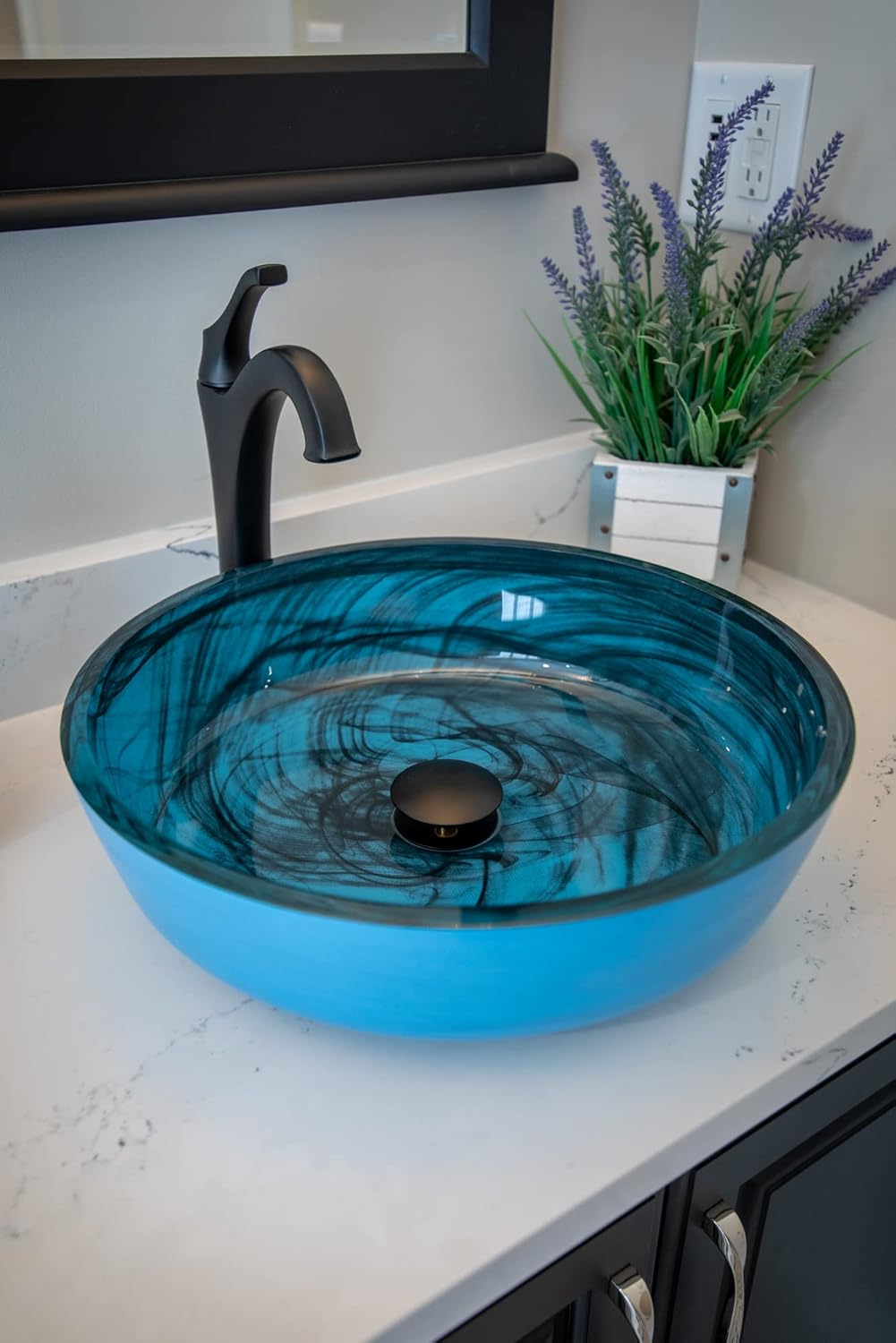 Eden Bath Blue Mist Flat Bottomed Round Glass Sink Bowl Bathroom Vessel Sink for Vanity Top