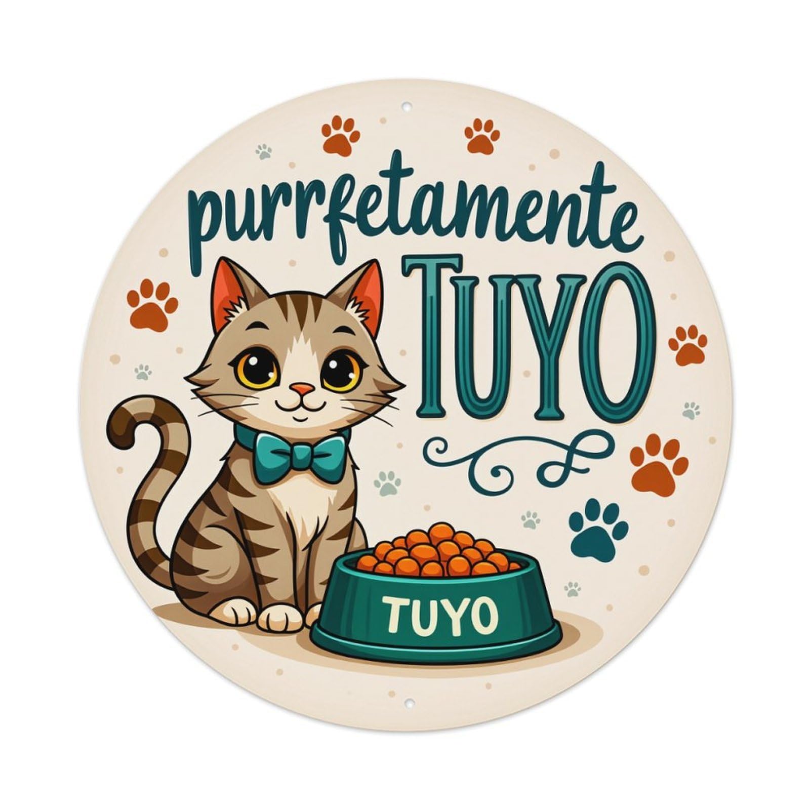 Cute Cat With Bow Tie And Food Bowl Round Tin Sign Vintage Style Metal Sign Home Bar Garden Wall Plaque Decor Metal Poster 8x8 Inch