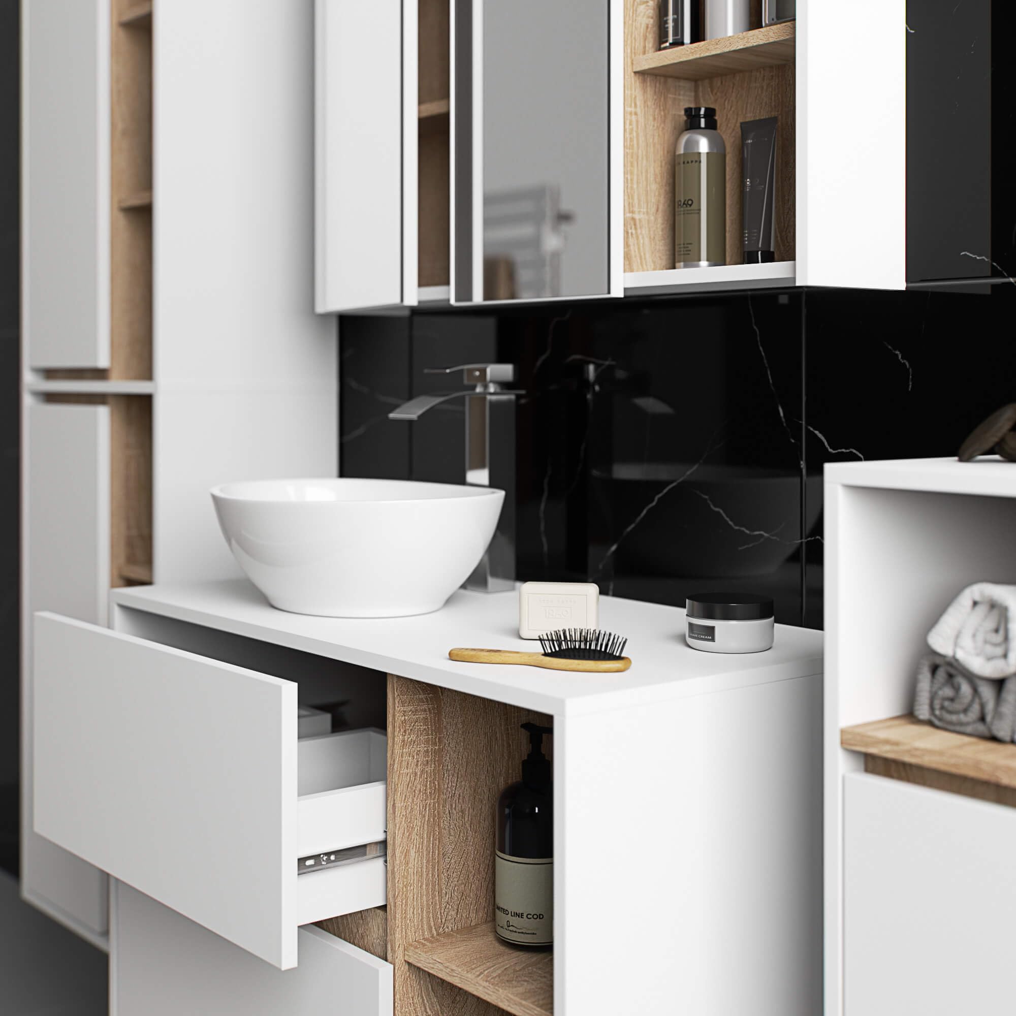 AKORD Colonne Salle de Bain Suspendue VAMI W50 - Meuble Mural 2 Portes, 10 Étagères - Rangement pour Cosmétiques et Serviettes, Fixation Murale - 50x170x30 cm - Blanc & Chêne Sonoma