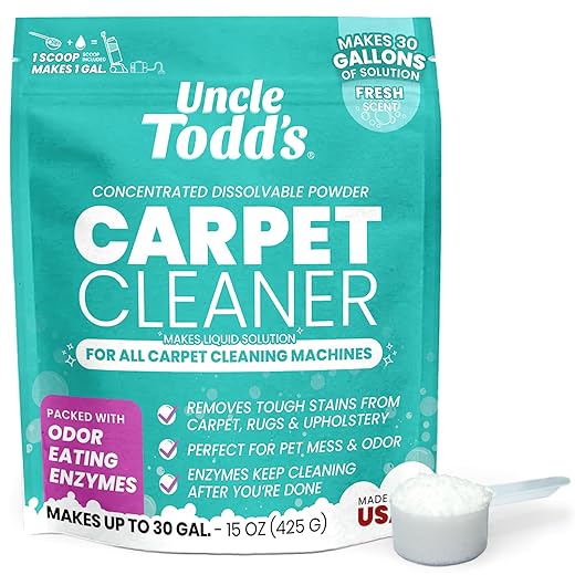 Uncle Todd's Carpet Cleaner Powder | Enzyme Formula for Carpet Machines | Removes Pet Odors & Stains | Safe for Carpets, Rugs & Upholstery | Makes 30 Gallons