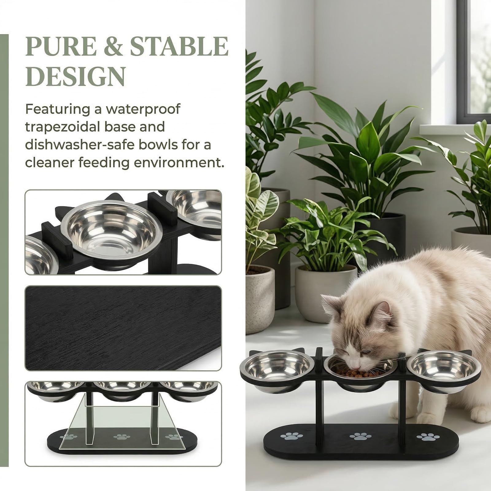 Comedero Gato Elevado,Comedero Perro de Acero Inoxidable, 3x300ml Comederos y Bebederos,con Soporte de Bambú,Altura Ajustable,Inclinación de 15°,para Gatos y Perros pequeños (Negro)