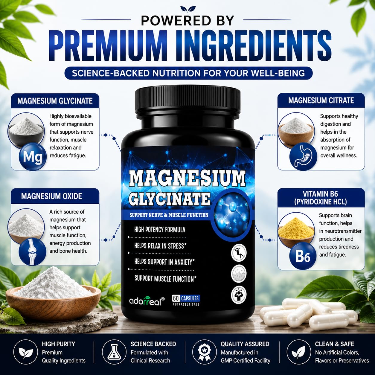 Adorreal High Absorption Magnesium Glycinate 750mg | 165mg Elemental Mineral | Supports Muscle Recovery, Nerve Health, Relaxation & Sleep | 60 Veg Capsules 3