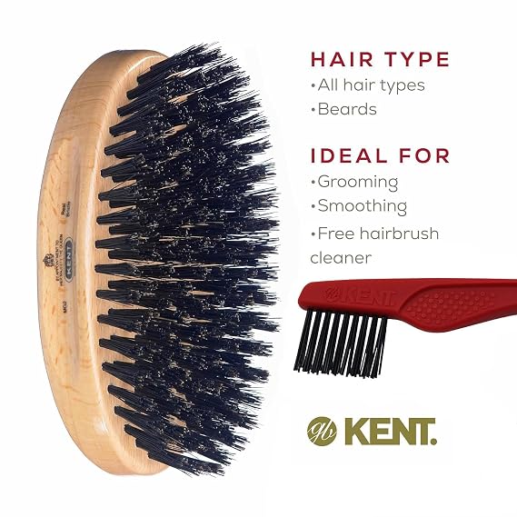 Kent MG2 Boar Bristle Hair Brush for Men, Military Brush with Natural Boar Bristles for Mens Grooming for All Hair Types, 360 Wave Brush Travel side for beard and mustache
