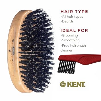 Kent MG2 Boar Bristle Hair Brush for Men, Military Brush with Natural Boar Bristles for Mens Grooming for All Hair Types, 360 Wave Brush Travel side for beard and mustache