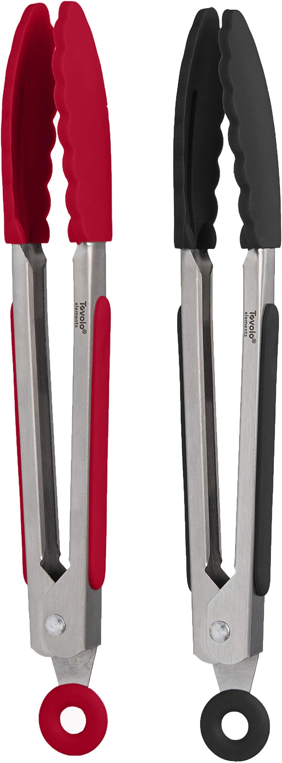 Tovolo Mini Stainless Steel Tongs Grip 7" with Silicone Grip & Easy Lock Mechanism for Serving, Salad, and Ice, Set of 2 7" Red & Black