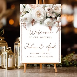 Elegant White Floral Wedding Welcome Sign, Personalized Rose Wedding Ceremony and Reception Decor