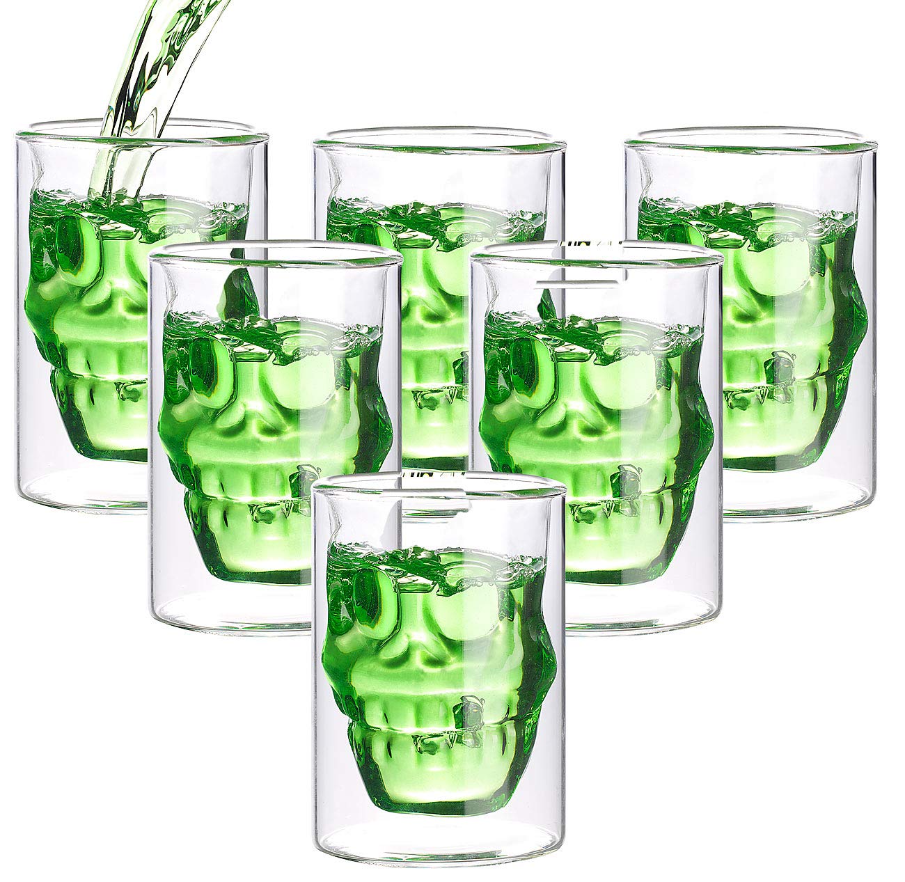 Glas-Tasse: 6er-Set doppelwandige Trinkgläser Totenkopf, je 0,4 Liter (Design Gläser doppelwandig, Isoliertasse aus Glas)