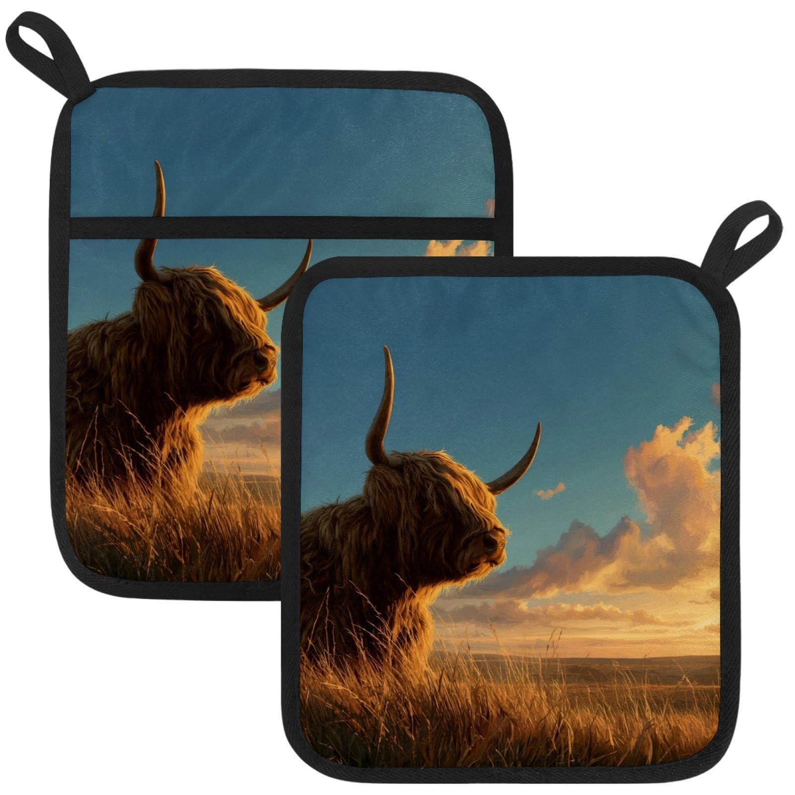 VAPOKF Highland Cow Cattle Heat Resistant Pot Holders, Thick Pot Holders Pad with Hanging Loop for Kitchen, Oven Cloth Pads for Kitchen Baking Microwave Oven